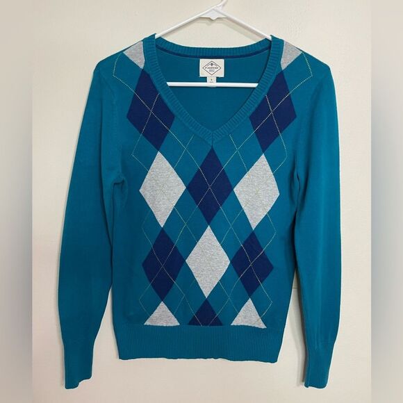 St JOHN’S BAY Women’s Sweater Pullover V Neck Argyle Diamond Sz Small - Picture 1 of 15
